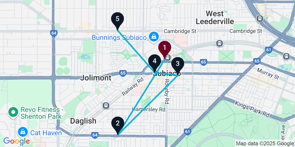 Map for 5-Stop Subiaco Cocktail Bar Crawl