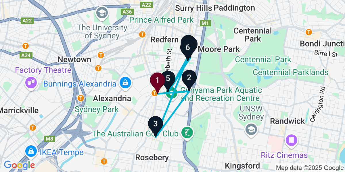 Map for 7-Stop Zetland Wine bar Bar Crawl