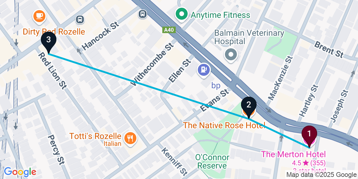 Map for 3-Stop Rozelle Bar Crawl