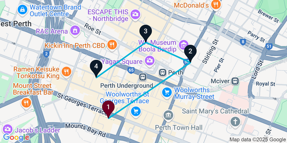 Map for 4-Stop Perth Nightclub Bar Crawl