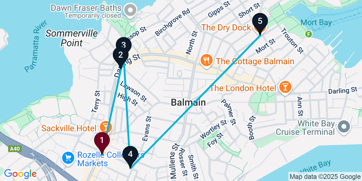 Map for 5-Stop Rozelle Bar Crawl