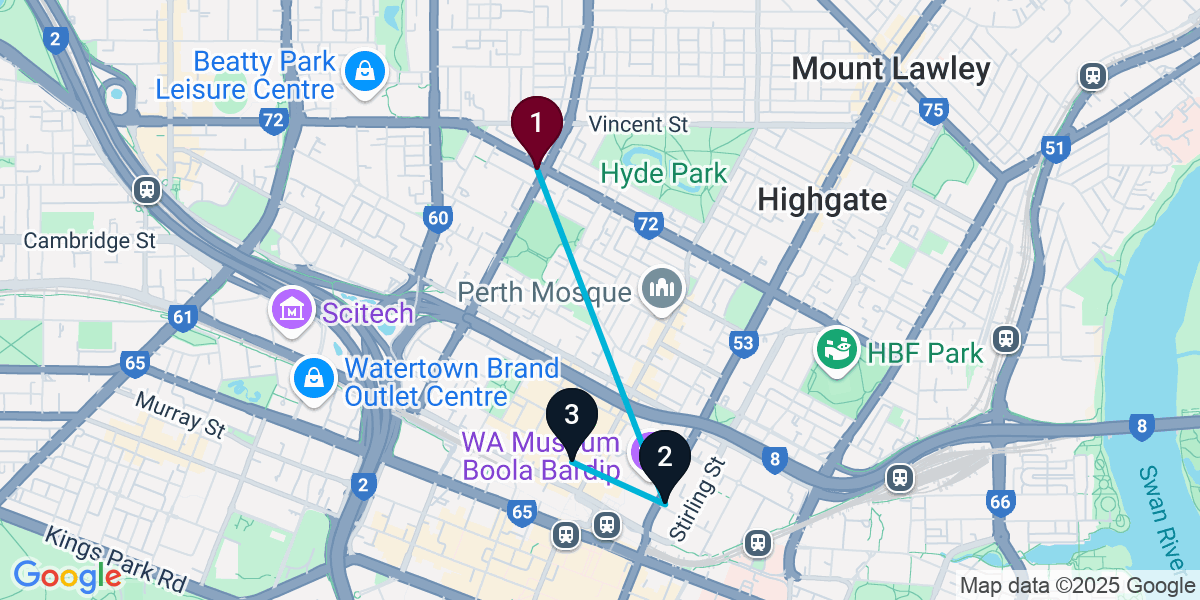 Map for 3-Stop West Perth Nightclub Bar Crawl