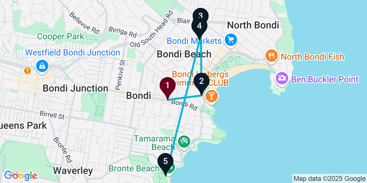 Map for 5-Stop Bondi Beach bar Bar Crawl