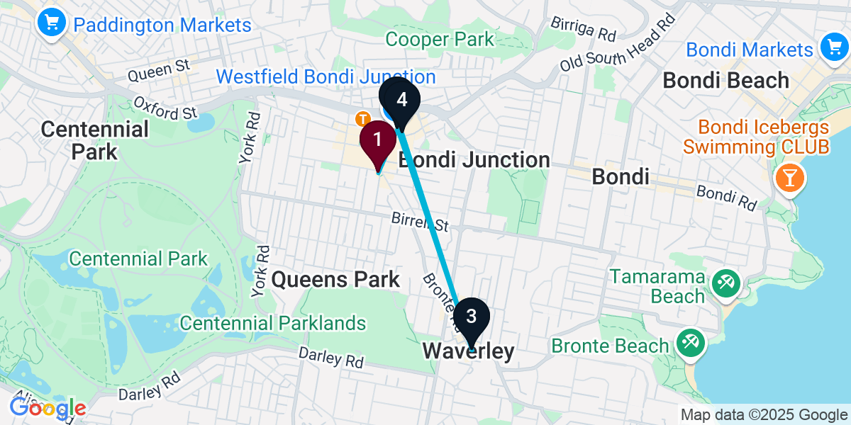 Map for 4-Stop Bondi Junction Wine bar Bar Crawl