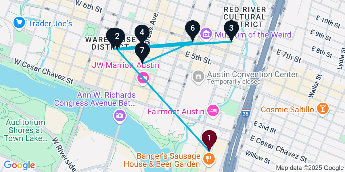 Map for 7-Stop Austin Nightclub Bar Crawl