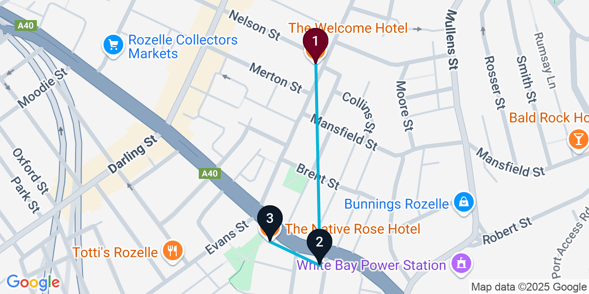 Map for 3-Stop Rozelle Bar Crawl