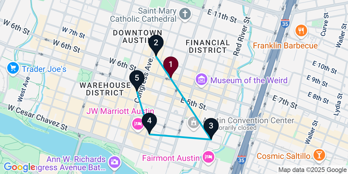 Map for 5-Stop Austin Bar Crawl