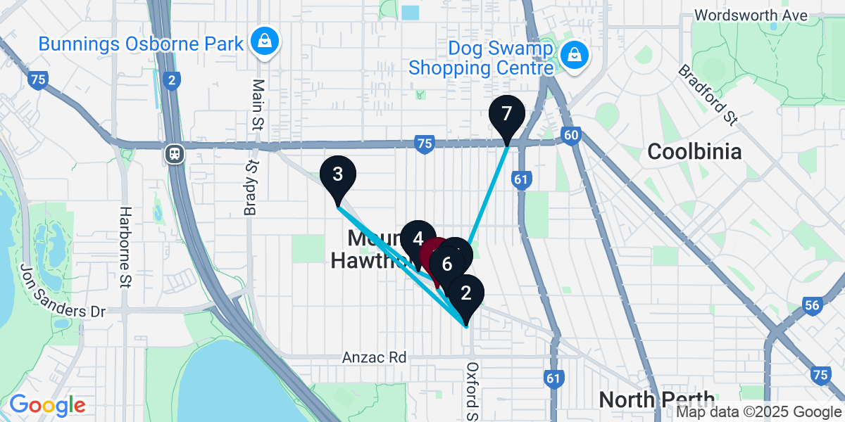 Map for 7-Stop Mount Hawthorn Bar Crawl