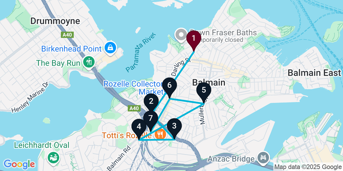 Map for 7-Stop Balmain Live music Bar Crawl