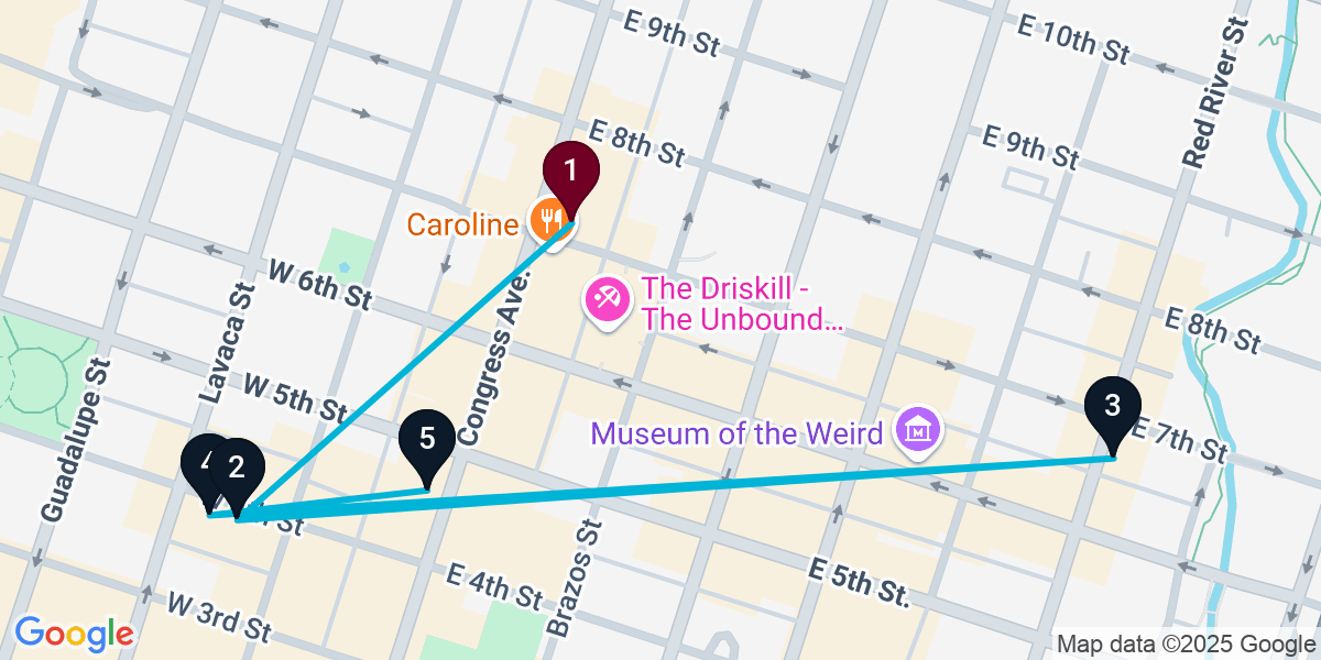 Map for 5-Stop Austin Nightclub Bar Crawl