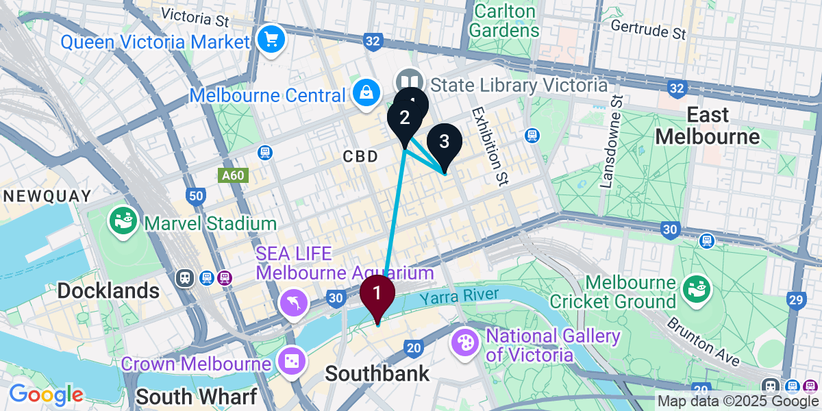 Map for 4-Stop Melbourne Cocktail Bar Crawl