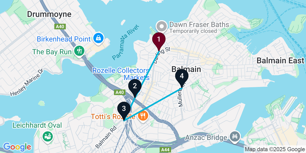 Map for 4-Stop Balmain Live music Bar Crawl