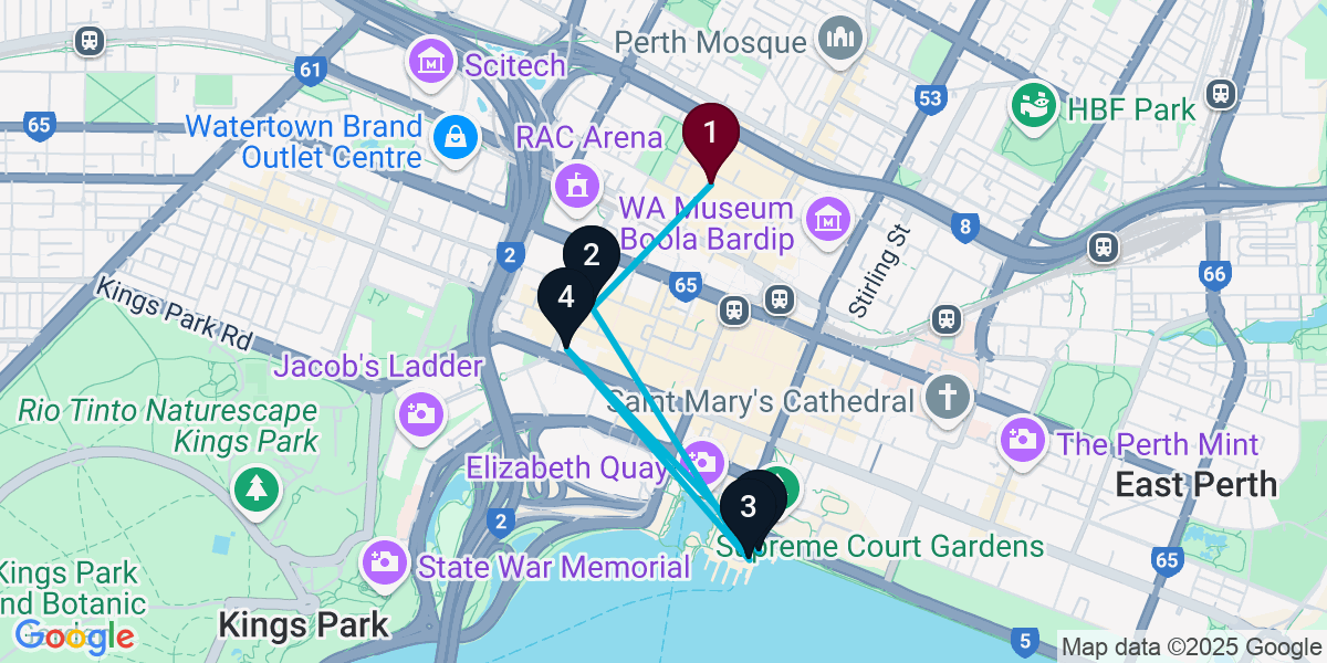 Map for 5-Stop Northbridge Rooftop Bar Crawl