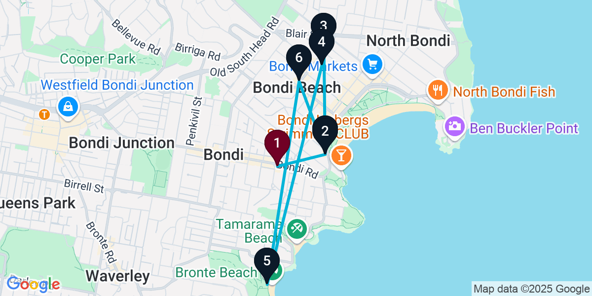 Map for 7-Stop Bondi Beach bar Bar Crawl