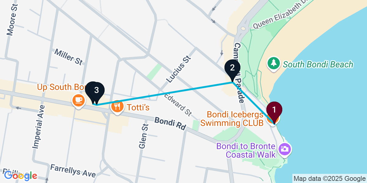 Map for 4-Stop Bondi Beach Cocktail Bar Crawl