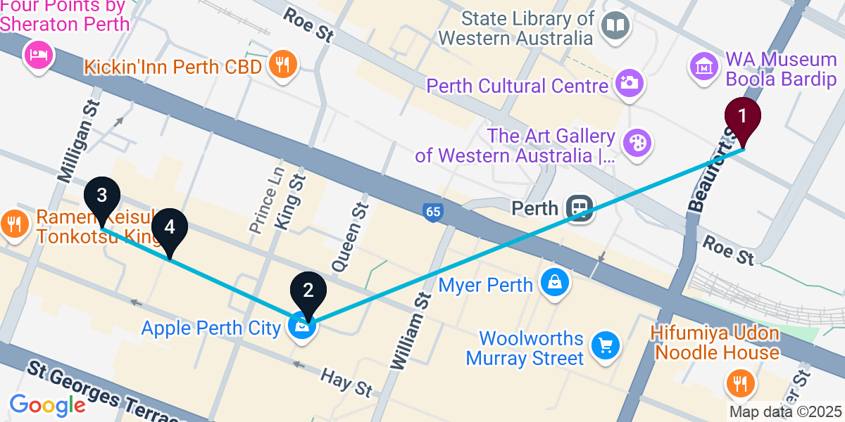 Map for 4-Stop Perth Pub Bar Crawl