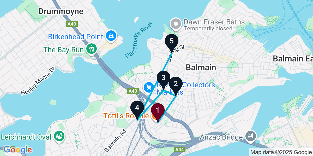 Map for 5-Stop Rozelle Bar Crawl
