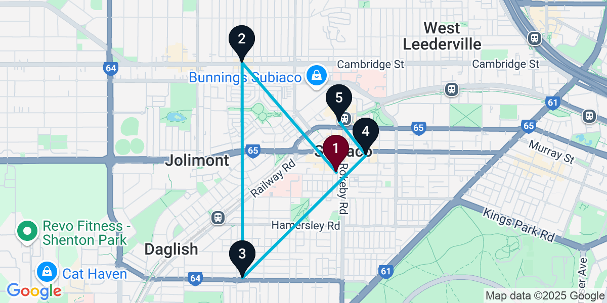 Map for 5-Stop Subiaco Cocktail Bar Crawl