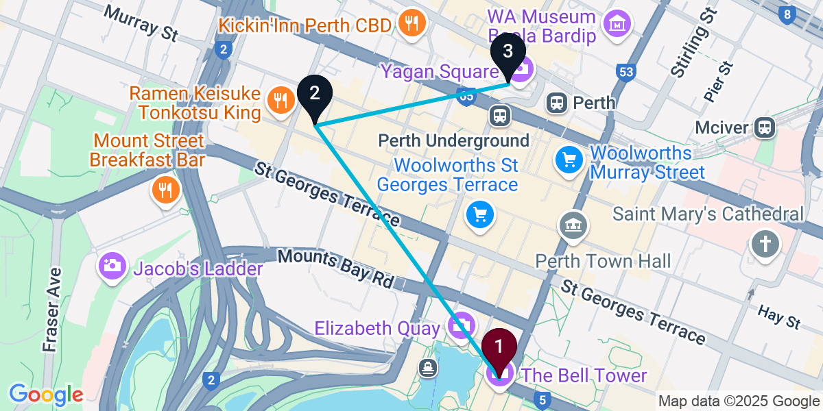 Map for 3-Stop Perth Bar Crawl