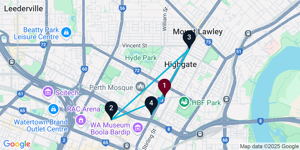 Map for 4-Stop Perth Live music Bar Crawl