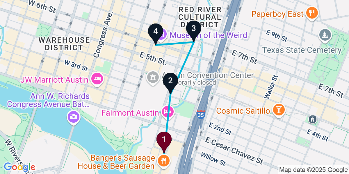 Map for 4-Stop Austin Cocktail Bar Crawl