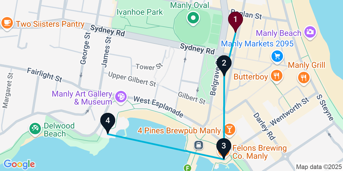 Map for 4-Stop Manly Nightclub Bar Crawl