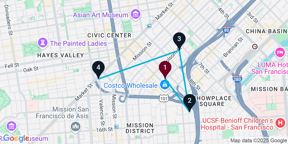 Map for 4-Stop San Francisco Live music Bar Crawl