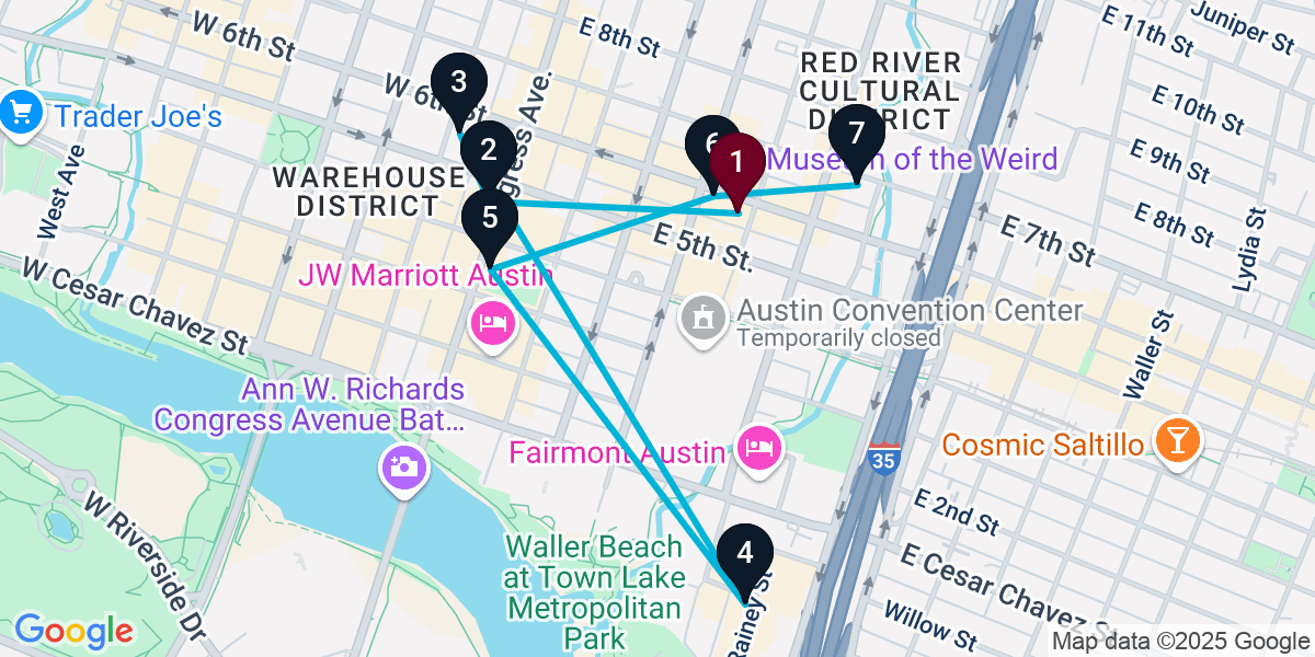 Map for 7-Stop Austin Bar Crawl