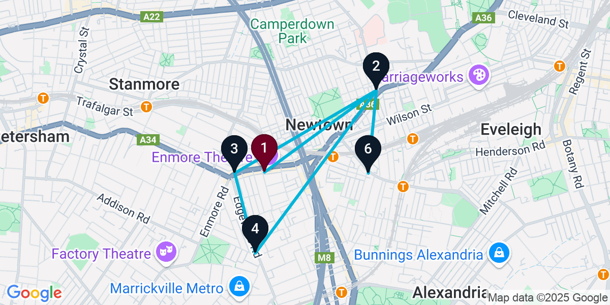 Map for 6-Stop Newtown Nightclub Bar Crawl