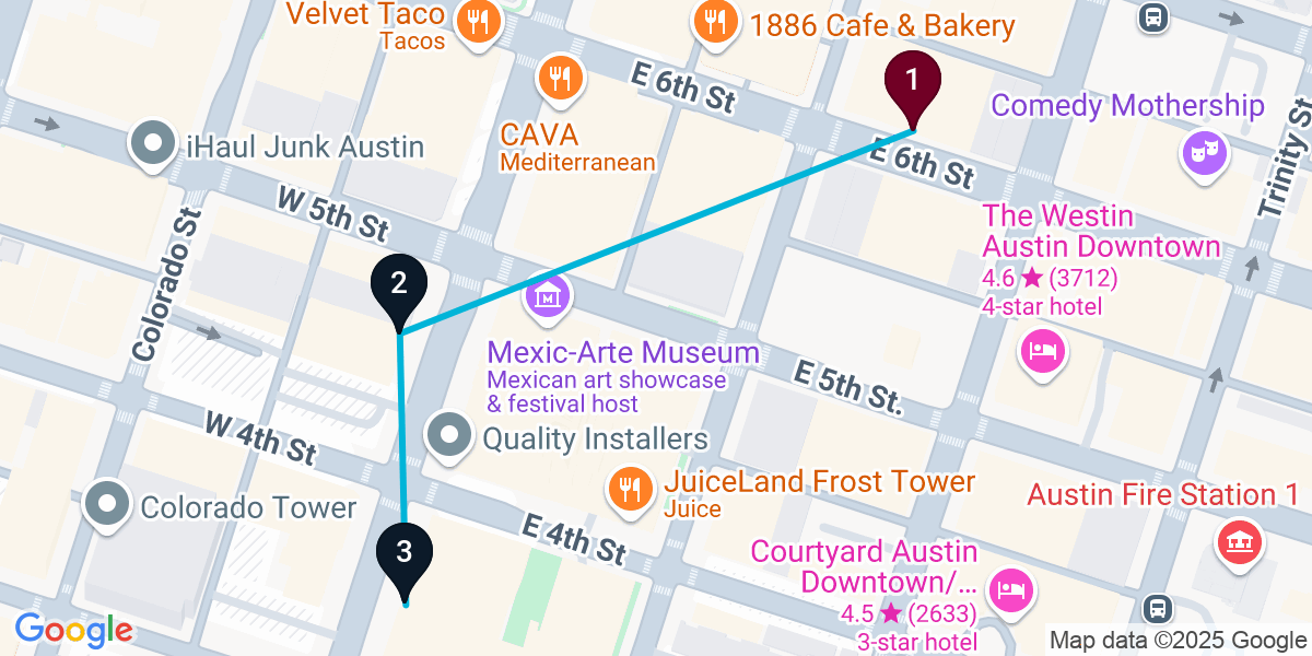 Map for 3-Stop Austin Bar Crawl