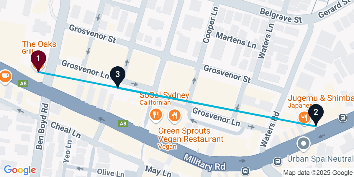 Map for 3-Stop Neutral Bay Live music Bar Crawl