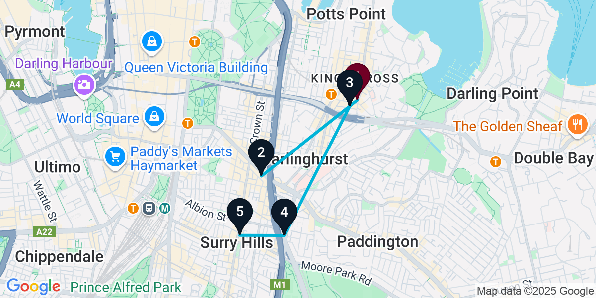 Map for 5-Stop Potts Point Rooftop Bar Crawl