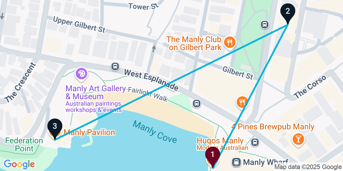 Map for 3-Stop Manly Nightclub Bar Crawl