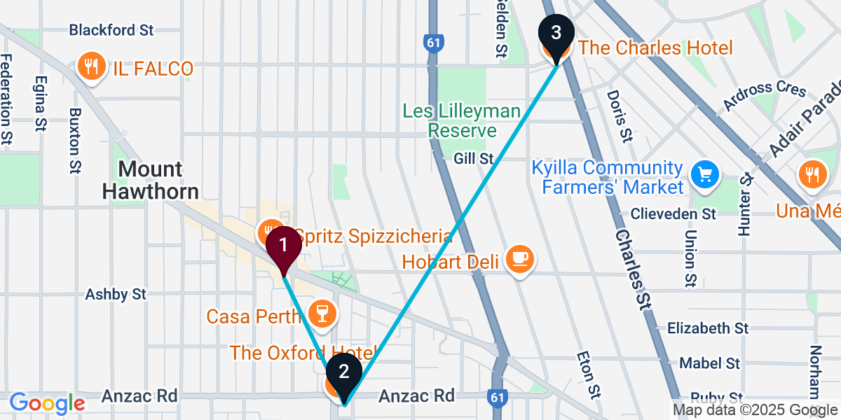 Map for 3-Stop Mount Hawthorn Pub Bar Crawl