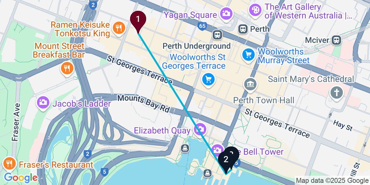 Map for 3-Stop Perth Rooftop Bar Crawl