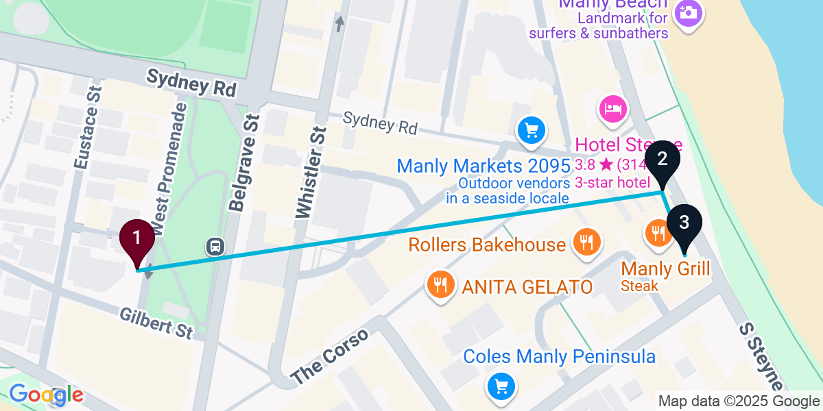 Map for 3-Stop Manly Beach bar Bar Crawl