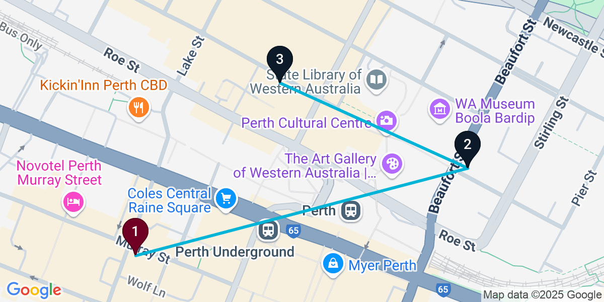 Map for 3-Stop Perth Nightclub Bar Crawl