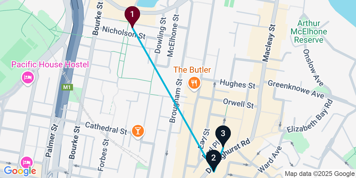 Map for 3-Stop Woolloomooloo Nightclub Bar Crawl