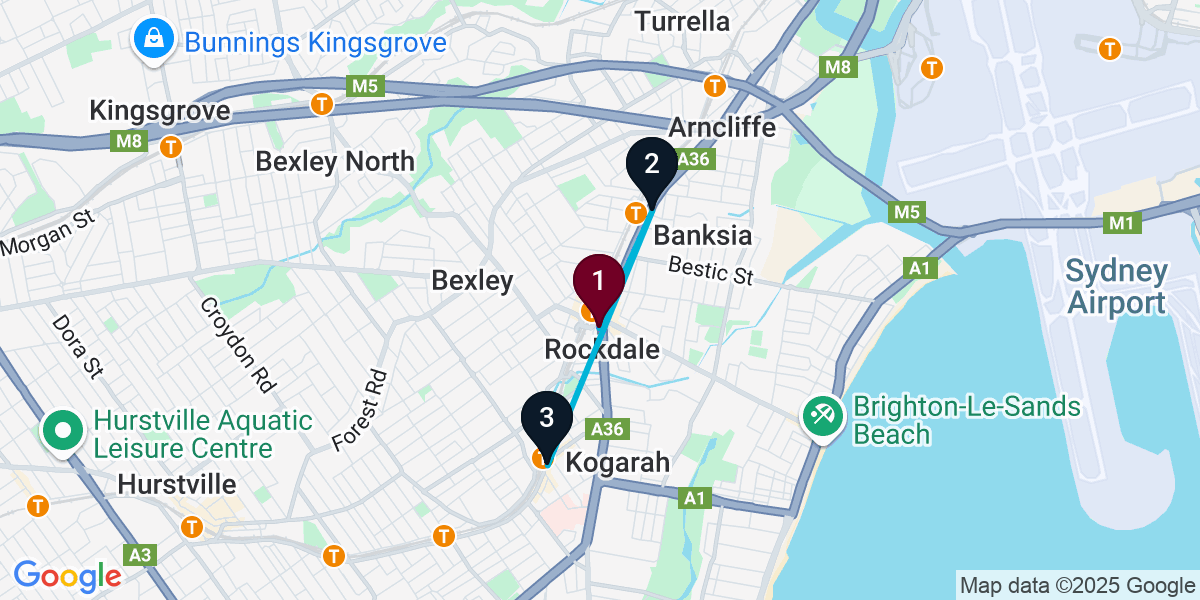 Map for 3-Stop Rockdale Live music Bar Crawl