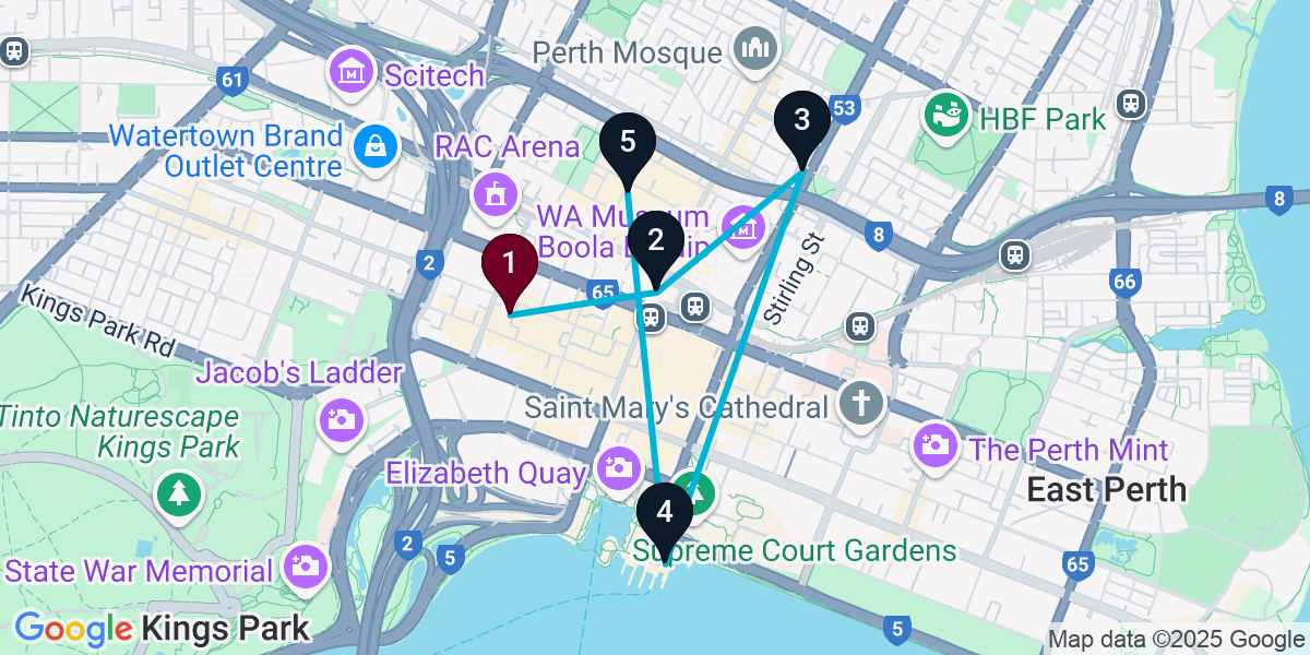 Map for 5-Stop Perth Cocktail Bar Crawl