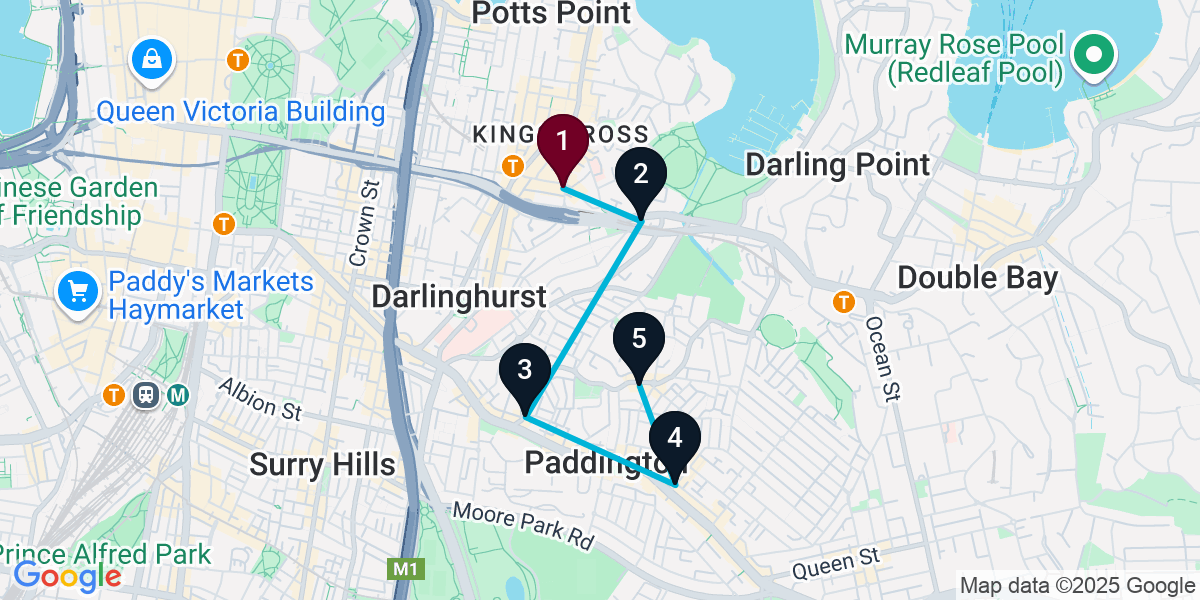 Map for 5-Stop Potts Point Wine bar Bar Crawl