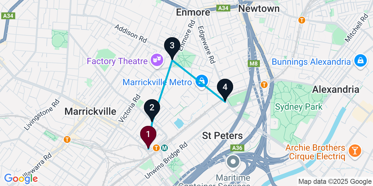 Map for 4-Stop Marrickville Brewery Bar Crawl