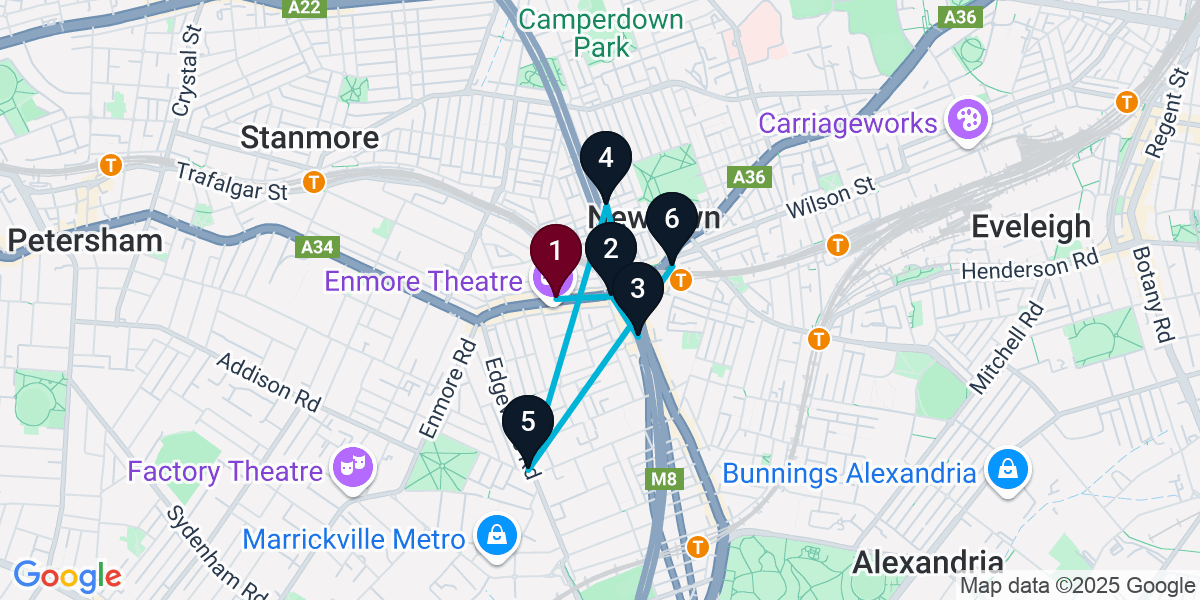 Map for 6-Stop Newtown Cocktail Bar Crawl