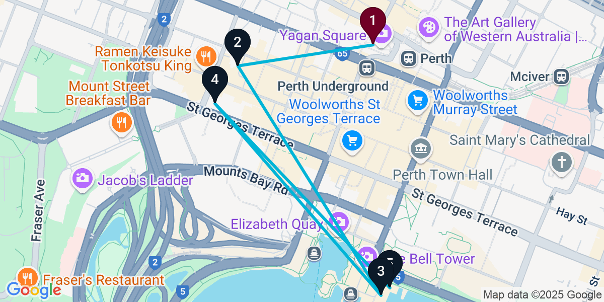 Map for 5-Stop Perth Rooftop Bar Crawl