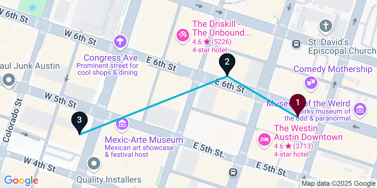 Map for 3-Stop Austin Live music Bar Crawl