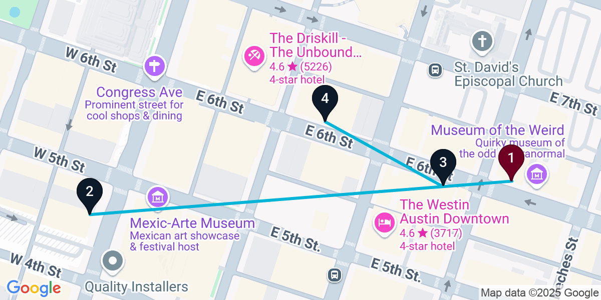 Map for 4-Stop Austin Live music Bar Crawl