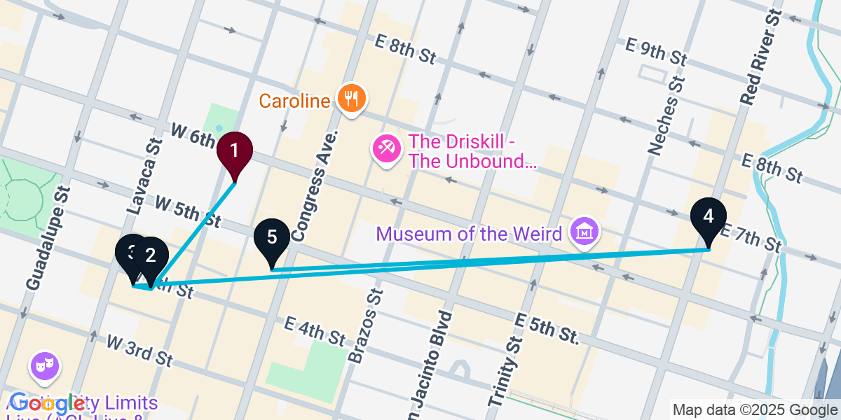 Map for 5-Stop Austin Nightclub Bar Crawl
