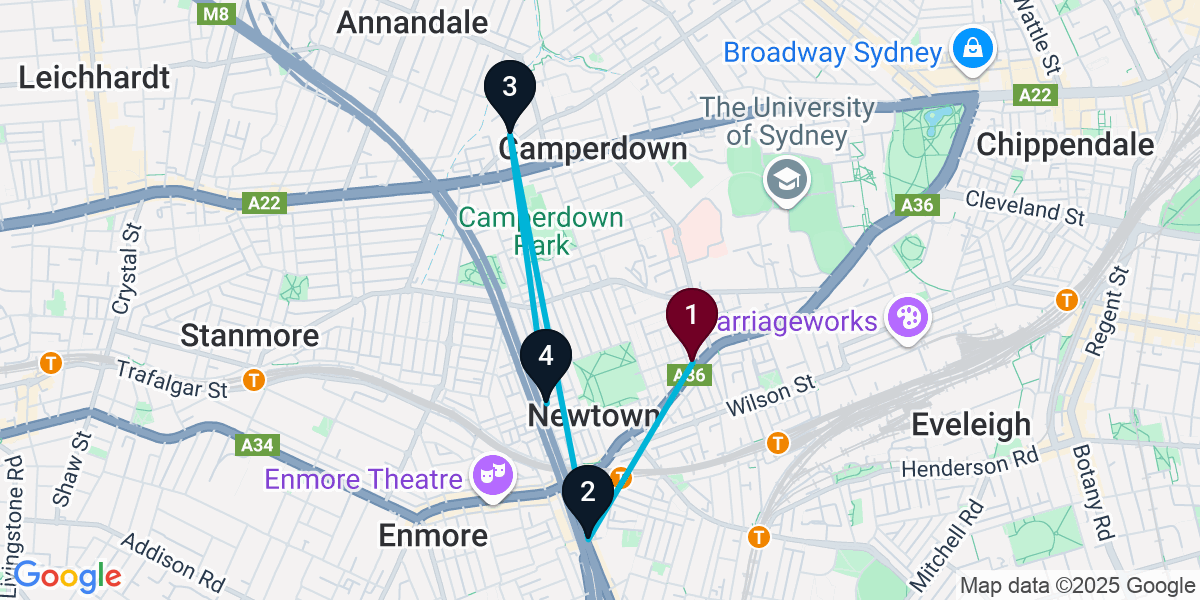 Map for 4-Stop Newtown Speakeasy Bar Crawl