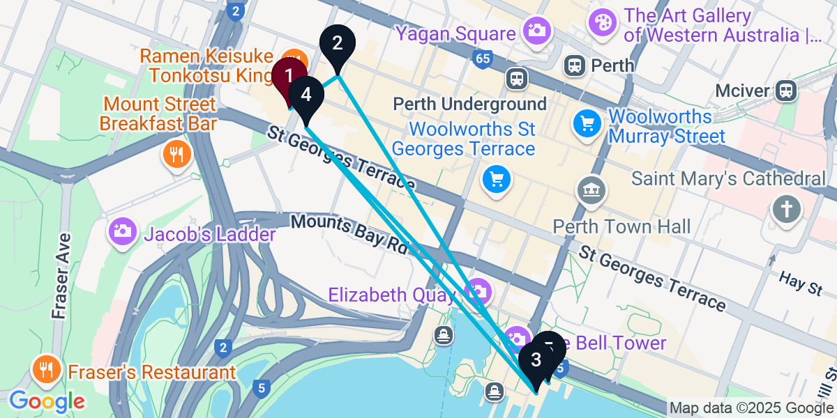 Map for 5-Stop Perth Rooftop Bar Crawl