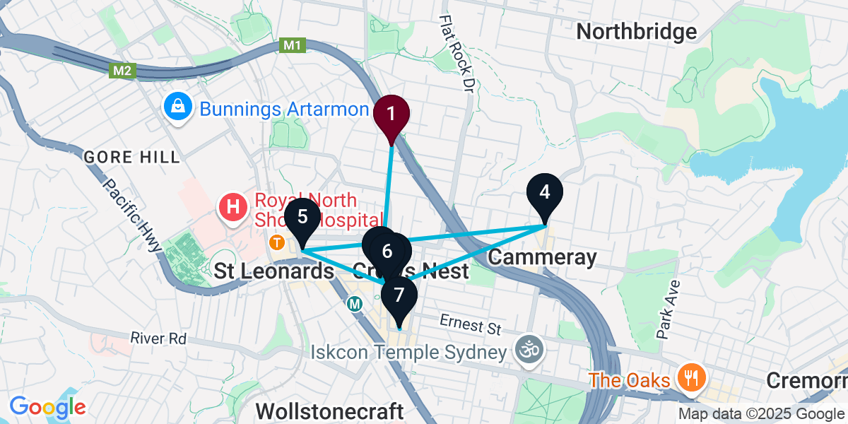 Map for 7-Stop Naremburn Wine bar Bar Crawl